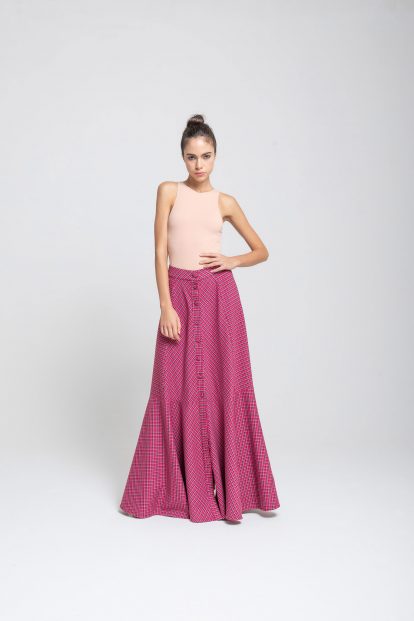 Flared skirt Pied de Poule Fuchsia