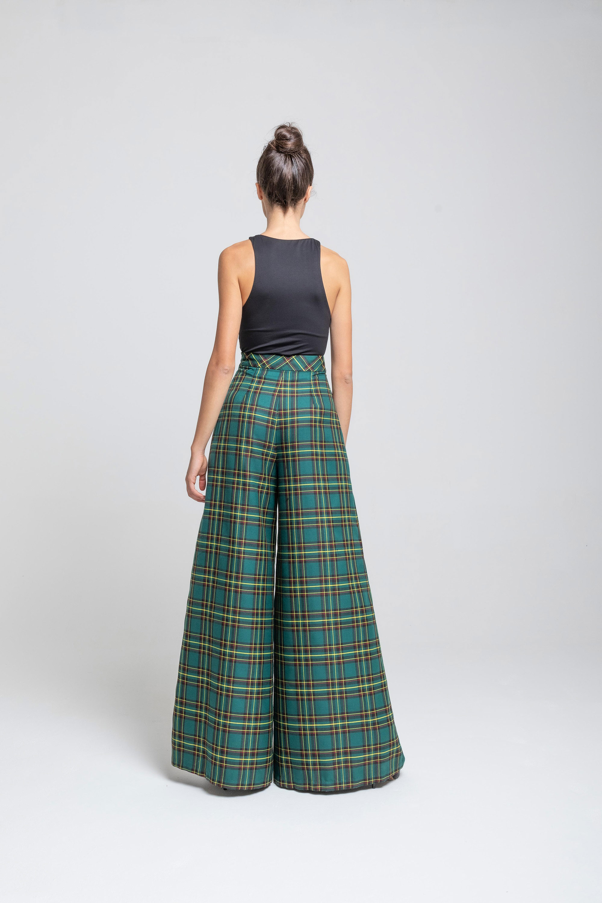 green and blue tartan trousers