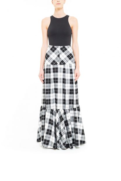 Black and white plaid pleated skirt with yoke at the waist