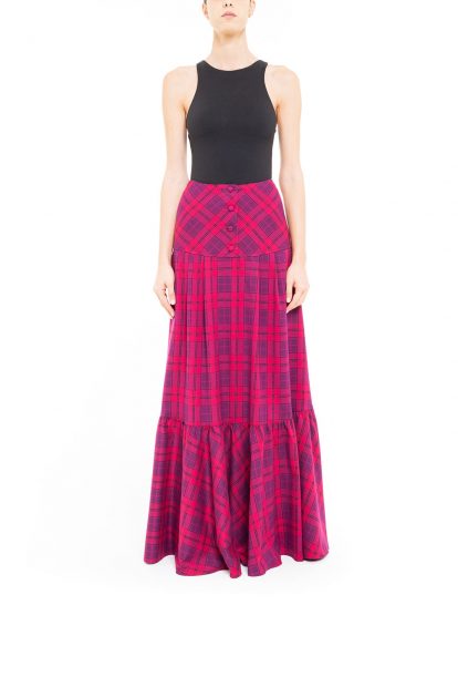 Fuchsia plaid pleated skirt with yoke at the waist