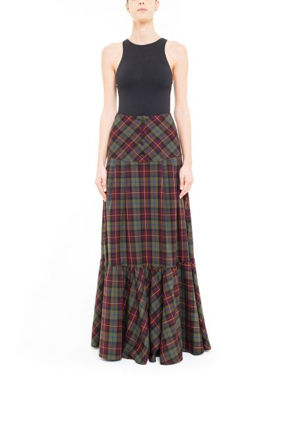 Green and brown plaid pleated skirt with yoke at the waist