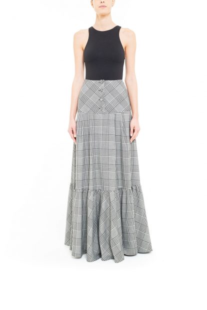Glen check plaid pleated skirt with yoke at the waist