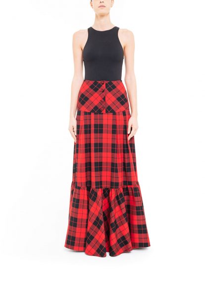 Red and black plaid frill skirt with yoke at the waist