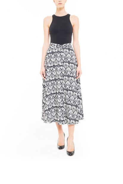 Black and white midi ikat skirt with covered buttons