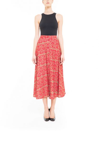 red and green midi ikat skirt with covered buttons