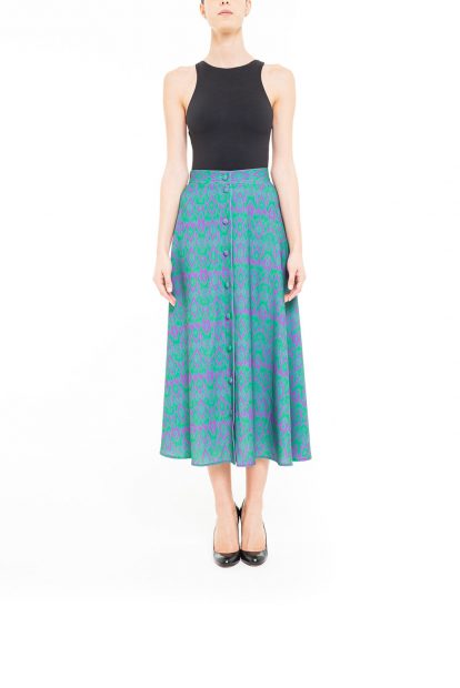 Purple and green midi ikat skirt with covered buttons