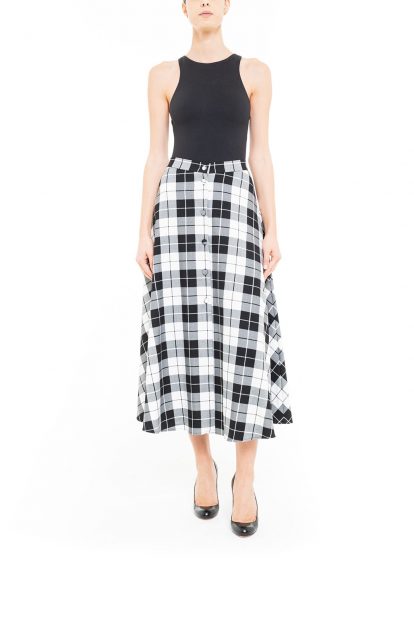 Black and white midi skirt with plaid covered buttons