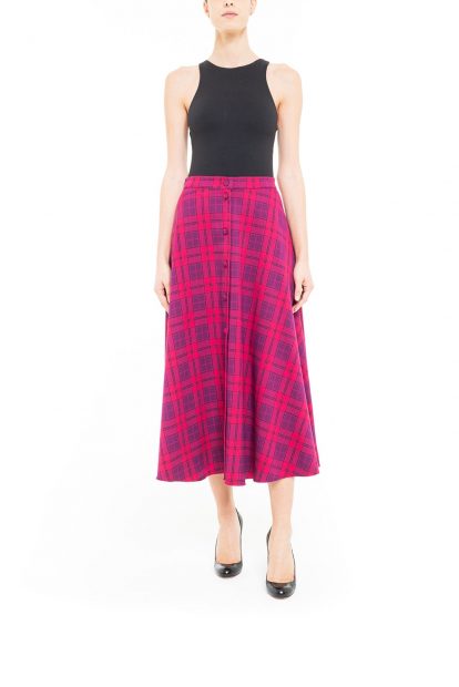 Fuchsia midi skirt with plaid covered buttons