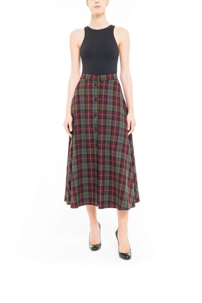 Green and brown midi skirt with plaid covered buttons
