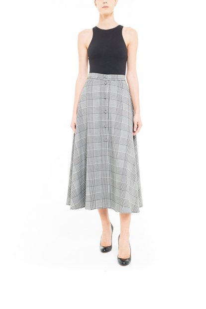 Glen check midi skirt with plaid covered buttons