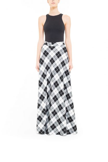 Black and white flared plaid skirt