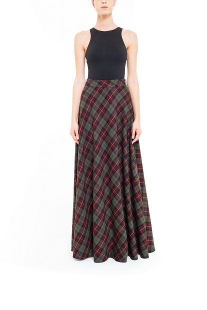 Green and brown flared plaid skirt