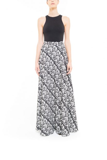 Black and white flared ikat skirt