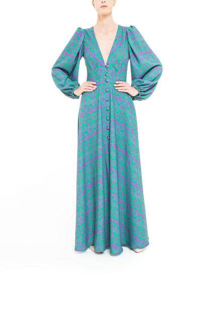 Purple and green long ikat dress