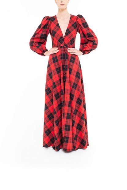 Black and red long plaid dress