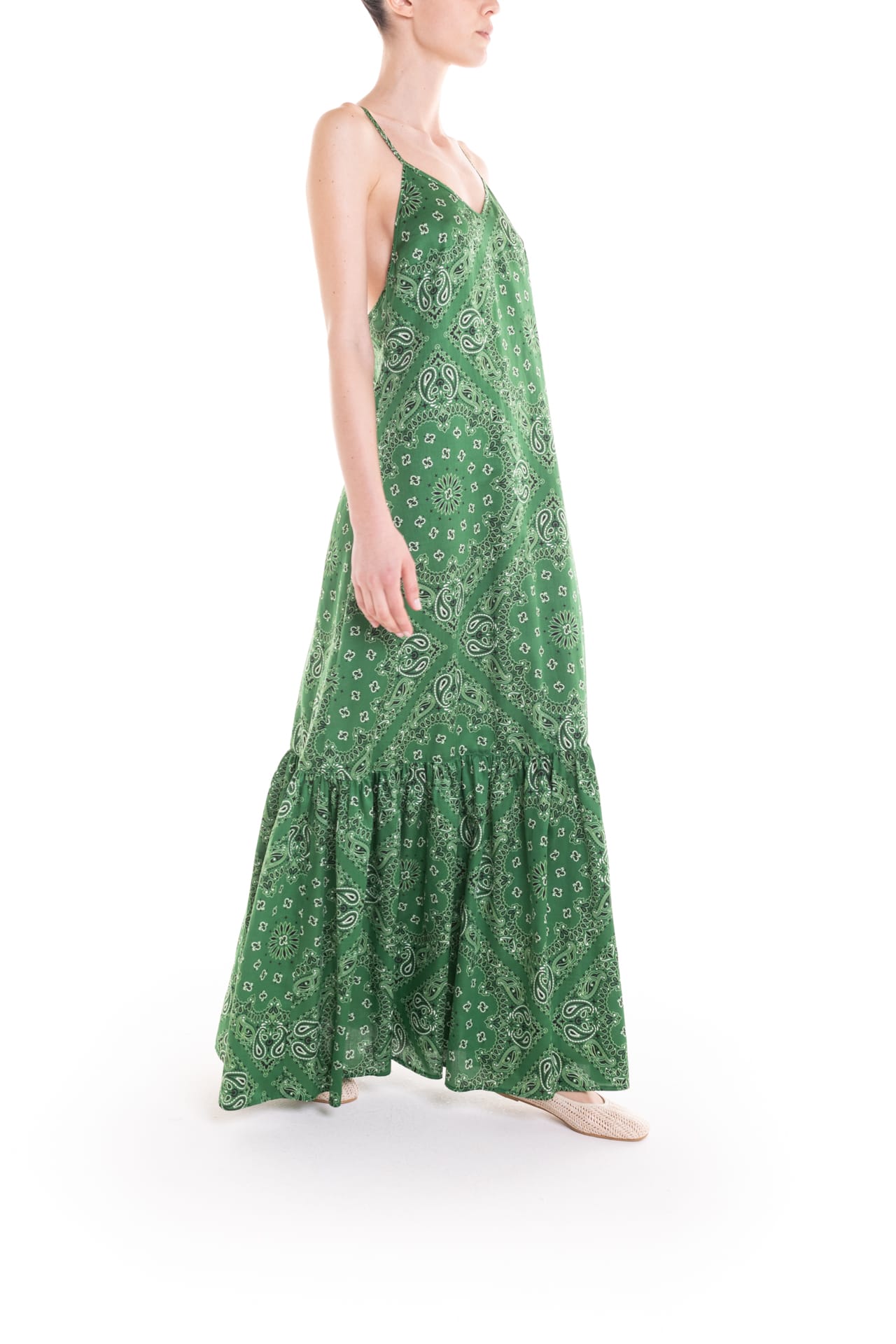 Ruffle hem green bandana print long slip dress - Poupine Ruffle hem green bandana print long slip dress - Poupine