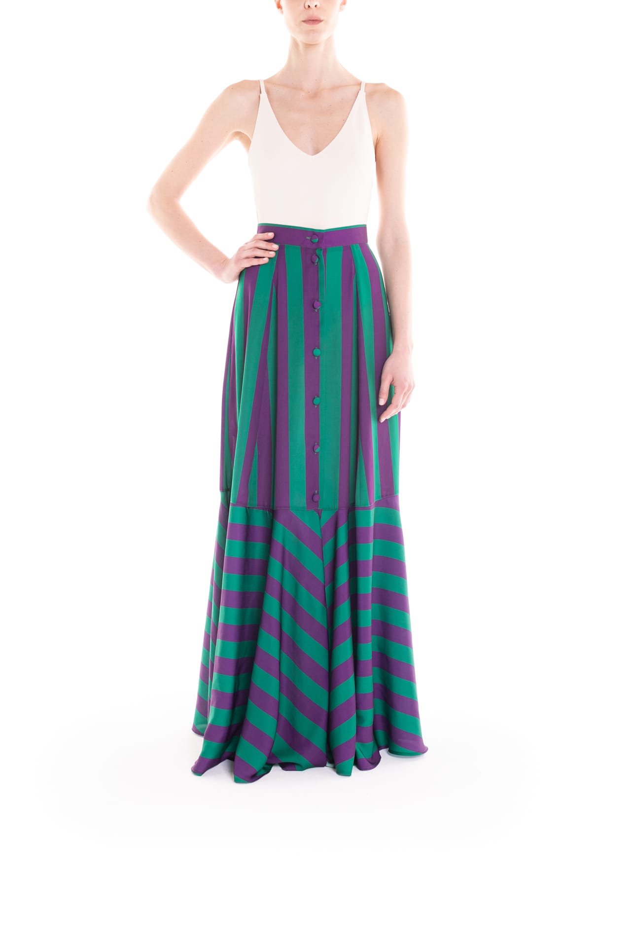 Purple and green striped maxi skirt with buttons down the front and ruffle hem