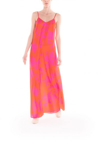 Vestito con bretelline a fiori arancio e fucsia Poupine