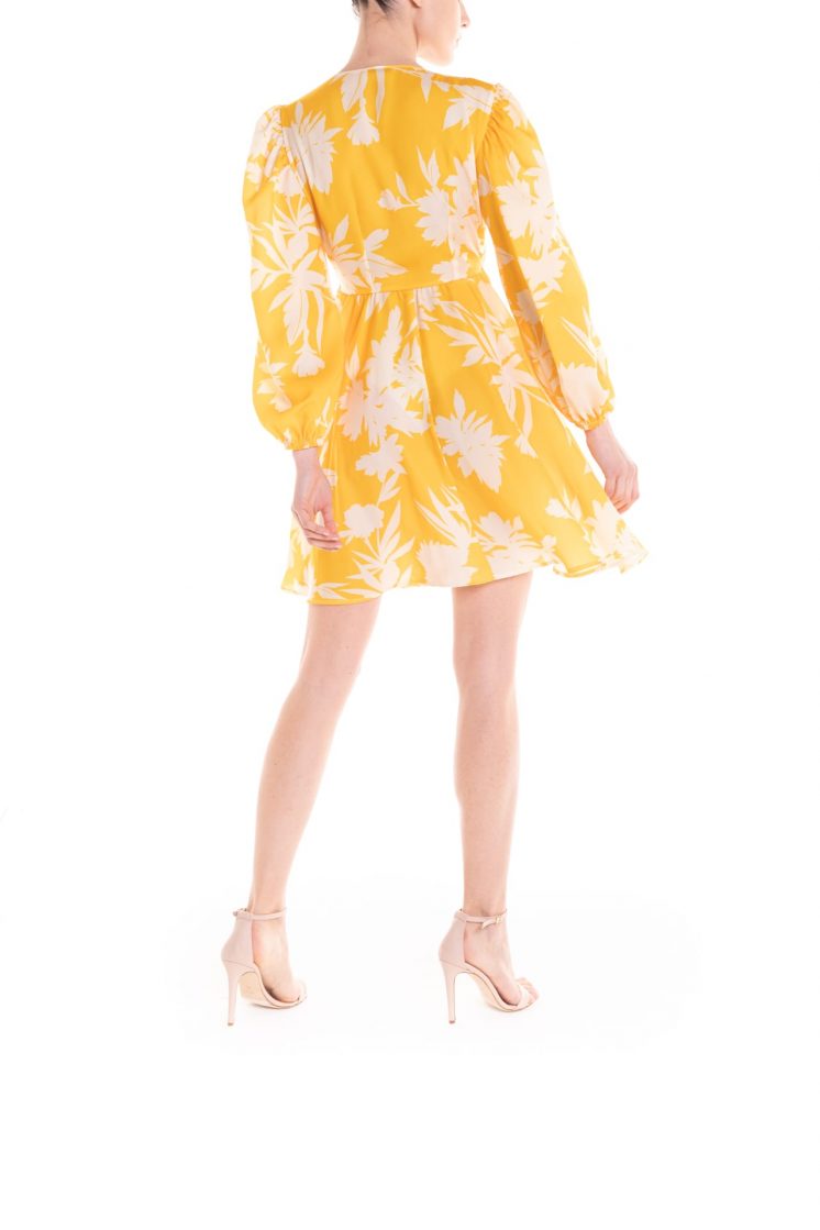 Vestito portafoglio corto a fiori giallo e panna Poupine