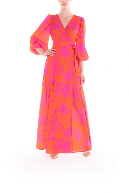 Vestito portafoglio lungo a fiori arancio e fucsia Poupine