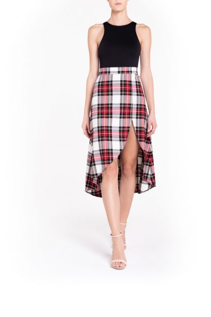 Gonna longuette con spacco laterale tartan bianco