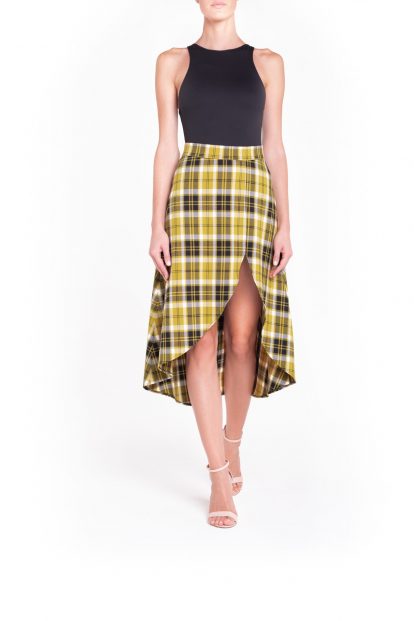 Gonna longuette con spacco laterale tartan ocra