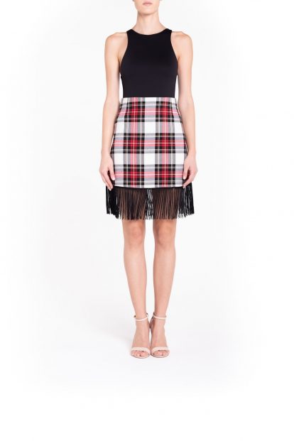 Fringed white plaid mini skirt