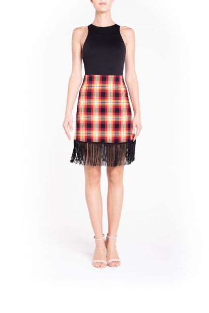 Fringed yellow and fuchsia plaid mini skirt