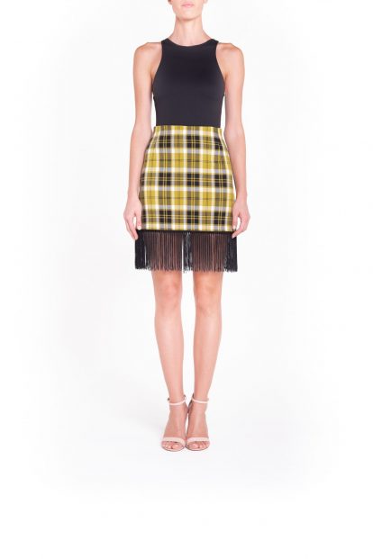 Fringed ocra plaid mini skirt