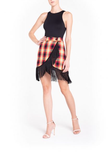 Fringed yellow and fuchsia plaid wrap mini skirt