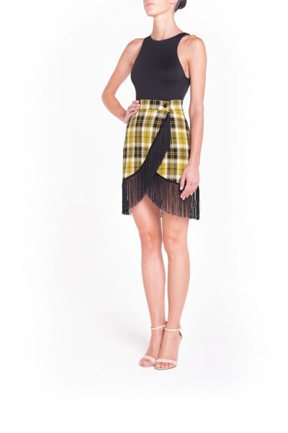 Fringed ocra plaid wrap mini skirt