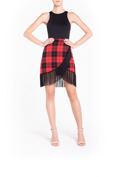 Fringed red and black plaid wrap mini skirt