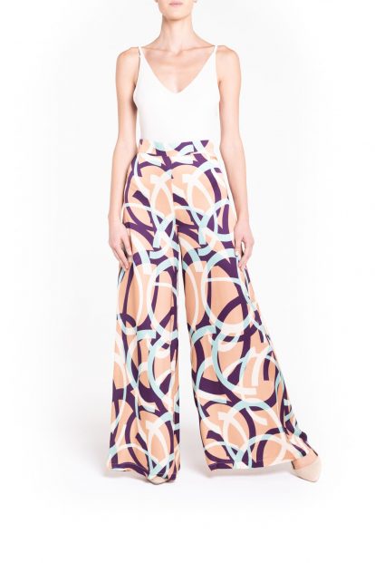Light blue and purple fantasy print trousers