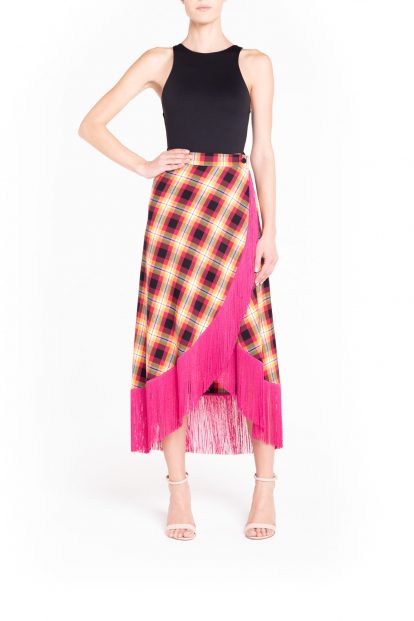 Fringed yellow and fuchsia plaid wrap maxi skirt