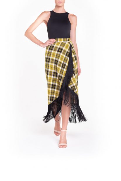 Fringed ocra plaid wrap maxi skirt