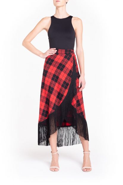 Fringed red and black plaid wrap maxi skirt