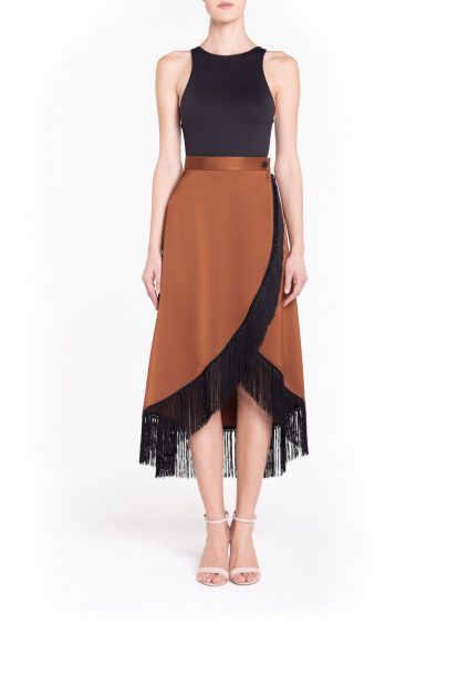 Brown fringed plain colored wrap maxi skirt
