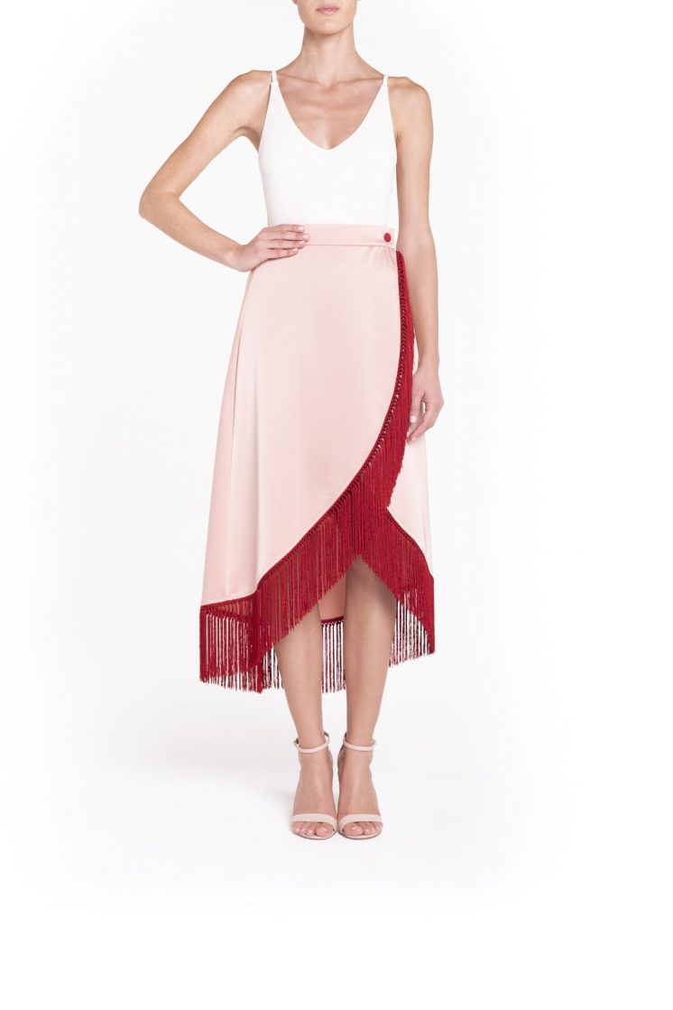 Rose fringed plain colored wrap maxi skirt