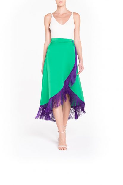 Green fringed plain colored wrap maxi skirt