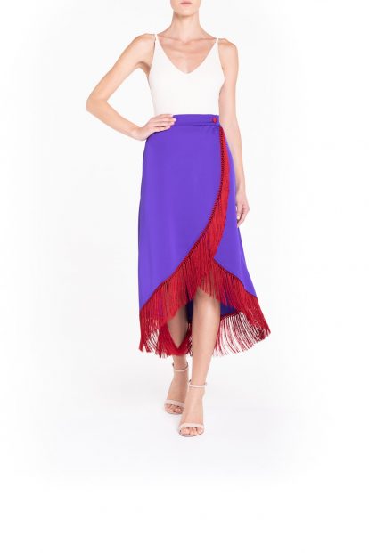 Purple fringed plain colored wrap maxi skirt
