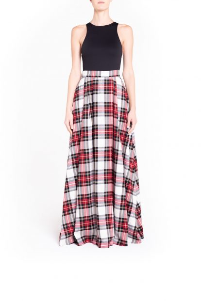 Side slit white flared plaid skirt