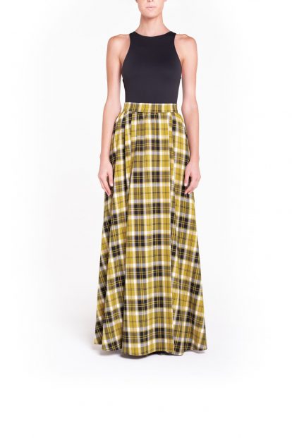 Side slit ocra flared plaid skirt