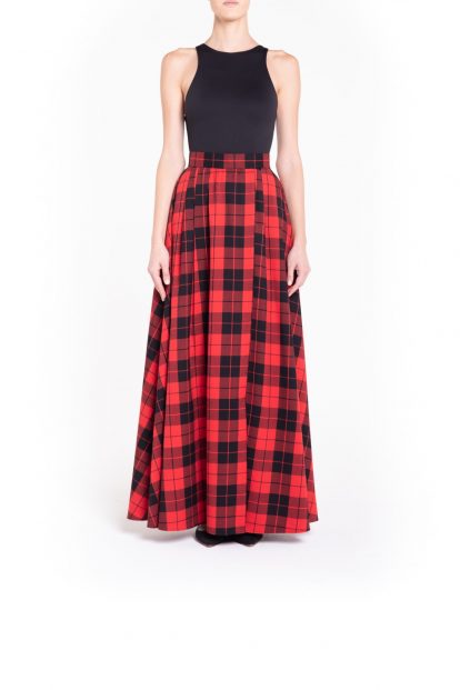Side slit Red and black flared plaid skirt