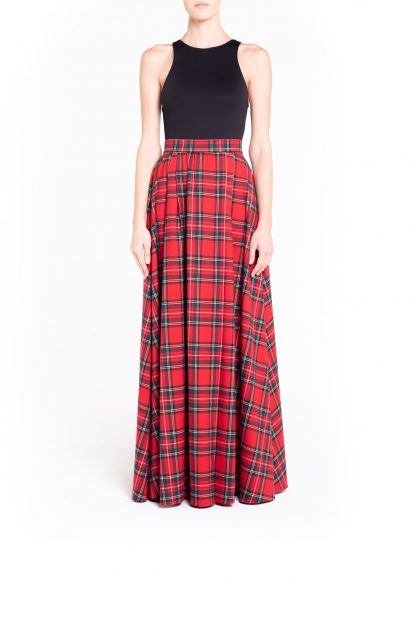 Side slit red flared plaid skirt