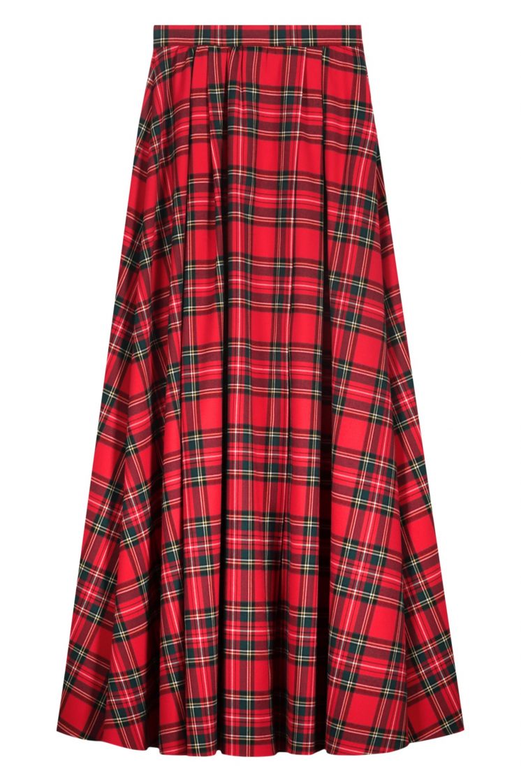 Side slit red flared plaid skirt