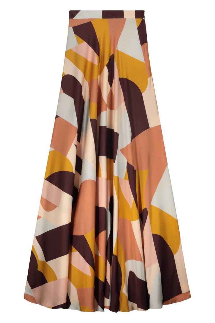 Ocra and brown fantasy print flared long skirt