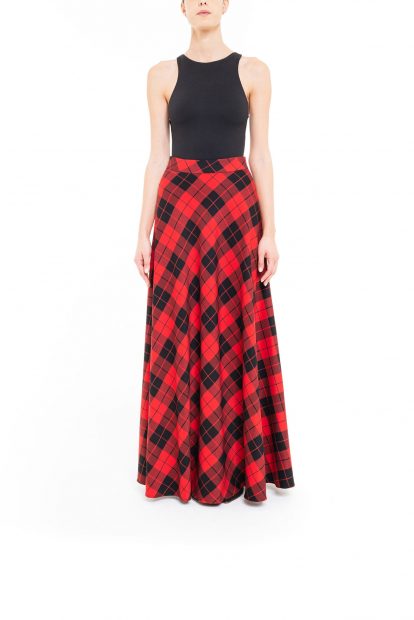 Red and black flared plaid skirt