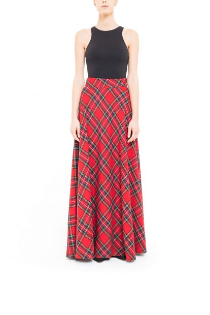 Red flared plaid skirt