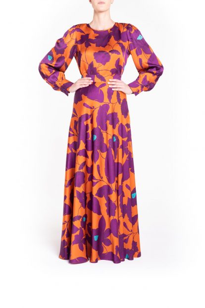 Orange flower fantasy print puff sleeve blouse, with ruched shoulders