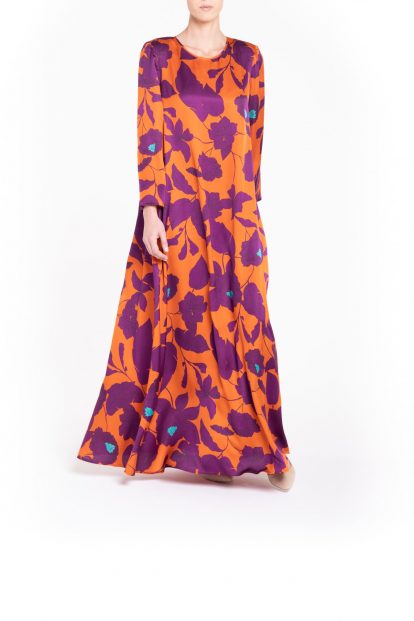 Orange flower long fantasy print dress